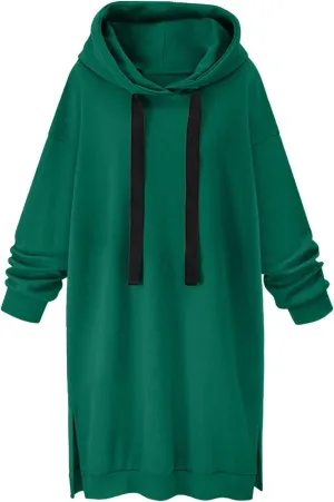 Women's Casual Pullover Sweatshirt Long Sleeve Split Hem Drawstring Hoodie Dress,Women Hoodies Dress Tunic Dress