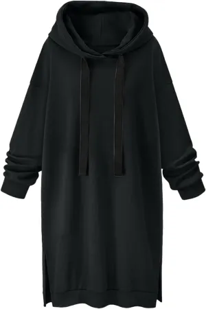 Women's Casual Pullover Sweatshirt Long Sleeve Split Hem Drawstring Hoodie Dress,Women Hoodies Dress Tunic Dress