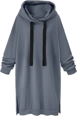 Women's Casual Pullover Sweatshirt Long Sleeve Split Hem Drawstring Hoodie Dress,Women Hoodies Dress Tunic Dress