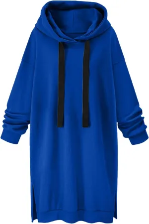 Women's Casual Pullover Sweatshirt Long Sleeve Split Hem Drawstring Hoodie Dress,Women Hoodies Dress Tunic Dress