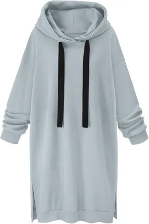 Women's Casual Pullover Sweatshirt Long Sleeve Split Hem Drawstring Hoodie Dress,Women Hoodies Dress Tunic Dress