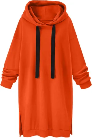 Women's Casual Pullover Sweatshirt Long Sleeve Split Hem Drawstring Hoodie Dress,Women Hoodies Dress Tunic Dress