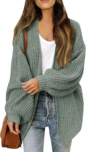 Women's Chunky Cardigan Sweaters 2024 Fall Cable Knit Open Front Sweater Lantern Sleeve Oversized Cardigan Outwear