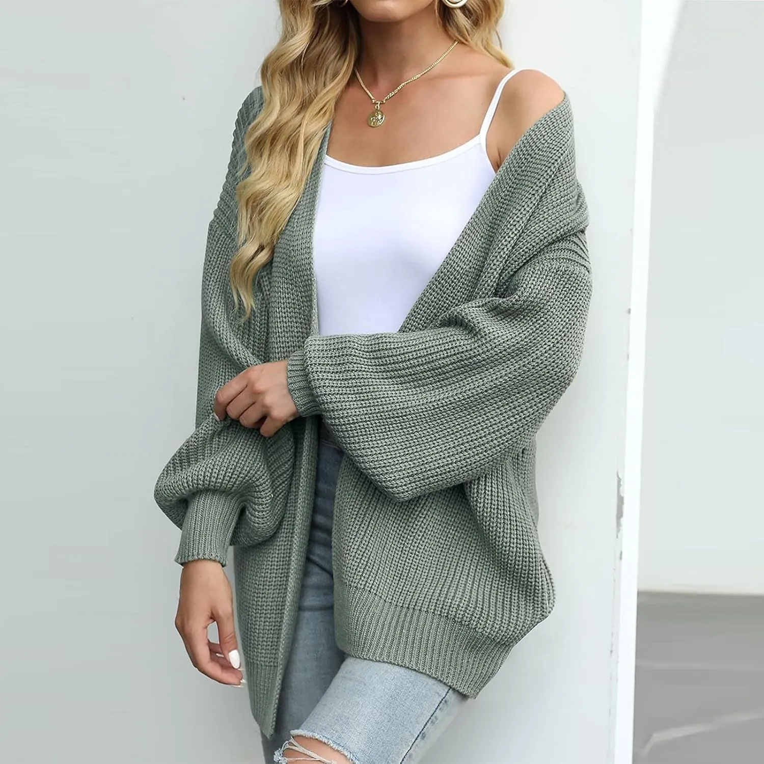 Women's Chunky Cardigan Sweaters 2024 Fall Cable Knit Open Front Sweater Lantern Sleeve Oversized Cardigan Outwear