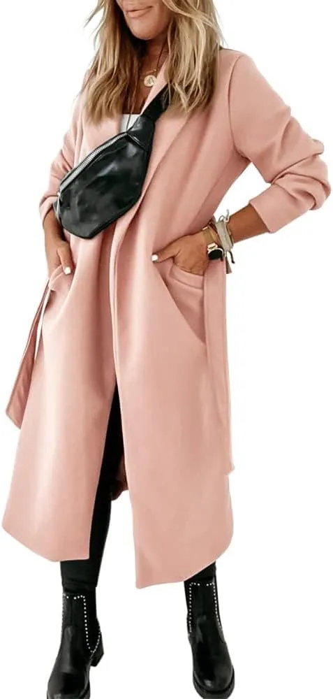 Womens Classic Coat Lapel Collar Open Front Belted Long Jacket