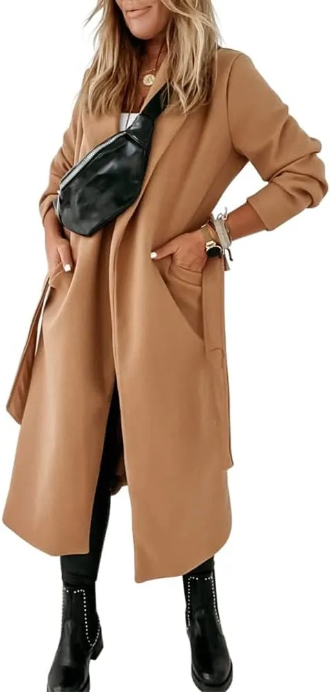 Womens Classic Coat Lapel Collar Open Front Belted Long Jacket