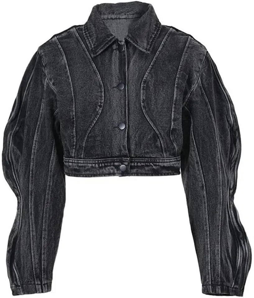 Women's Cotton Denim Jacket Short Vintage Lapel Button Jean Jackets