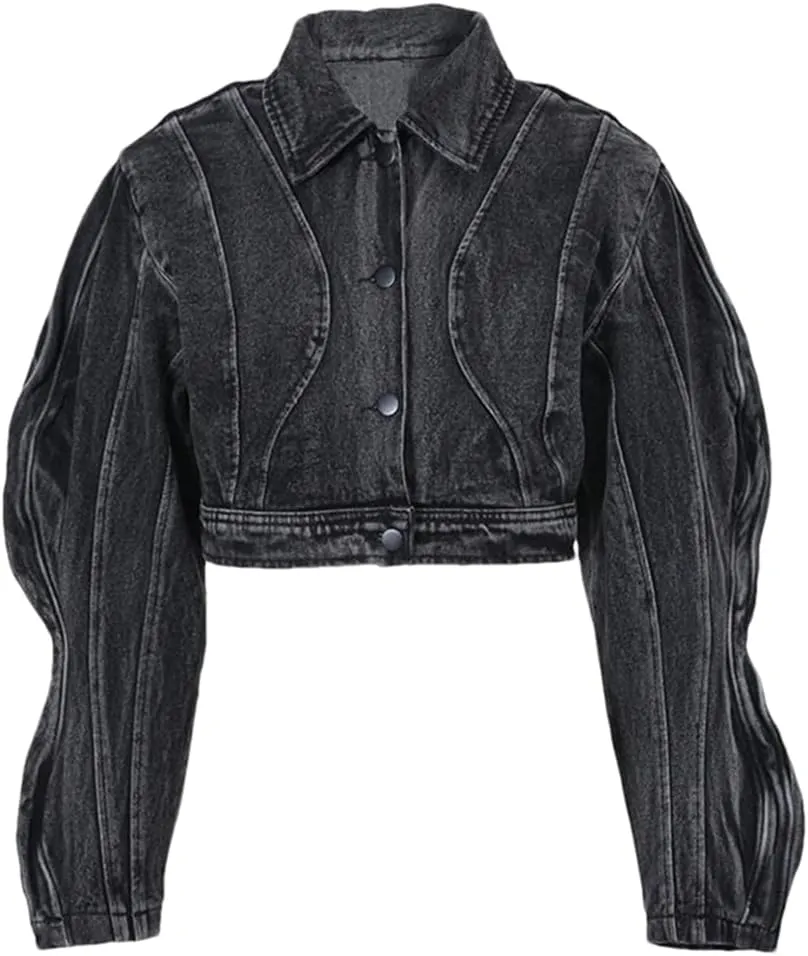 Women's Cotton Denim Jacket Short Vintage Lapel Button Jean Jackets