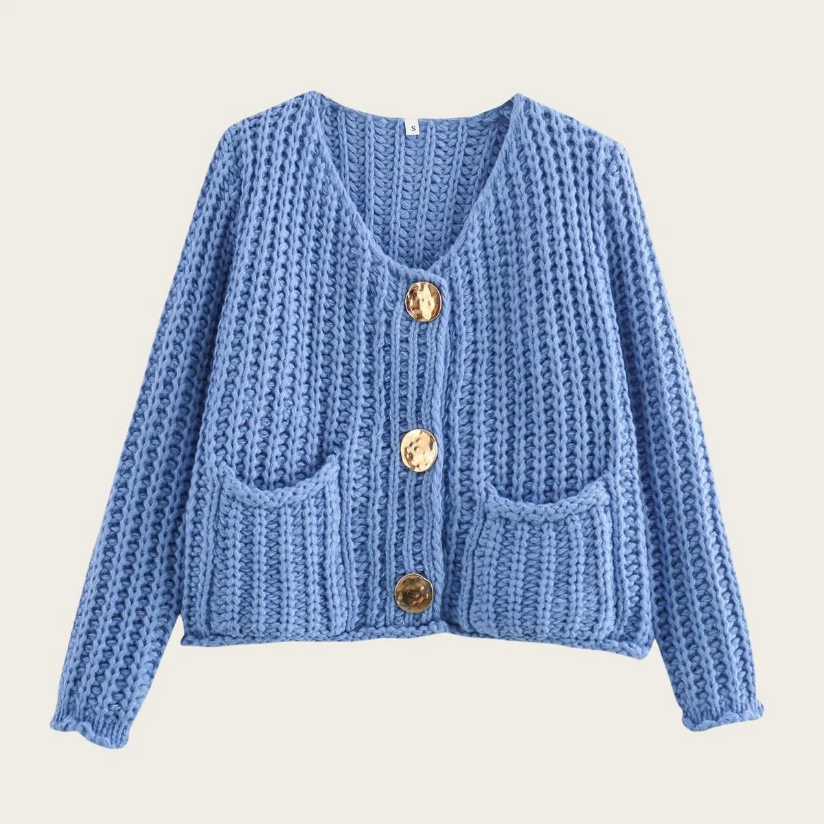 Womens Crochet Chunky Sweater Cropped Cable Knit Long Sleeve Cardigan Open Front Button Down Cardigan Sweaters