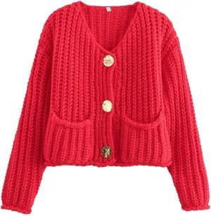 Womens Crochet Chunky Sweater Cropped Cable Knit Long Sleeve Cardigan Open Front Button Down Cardigan Sweaters