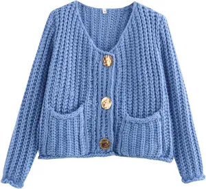Womens Crochet Chunky Sweater Cropped Cable Knit Long Sleeve Cardigan Open Front Button Down Cardigan Sweaters
