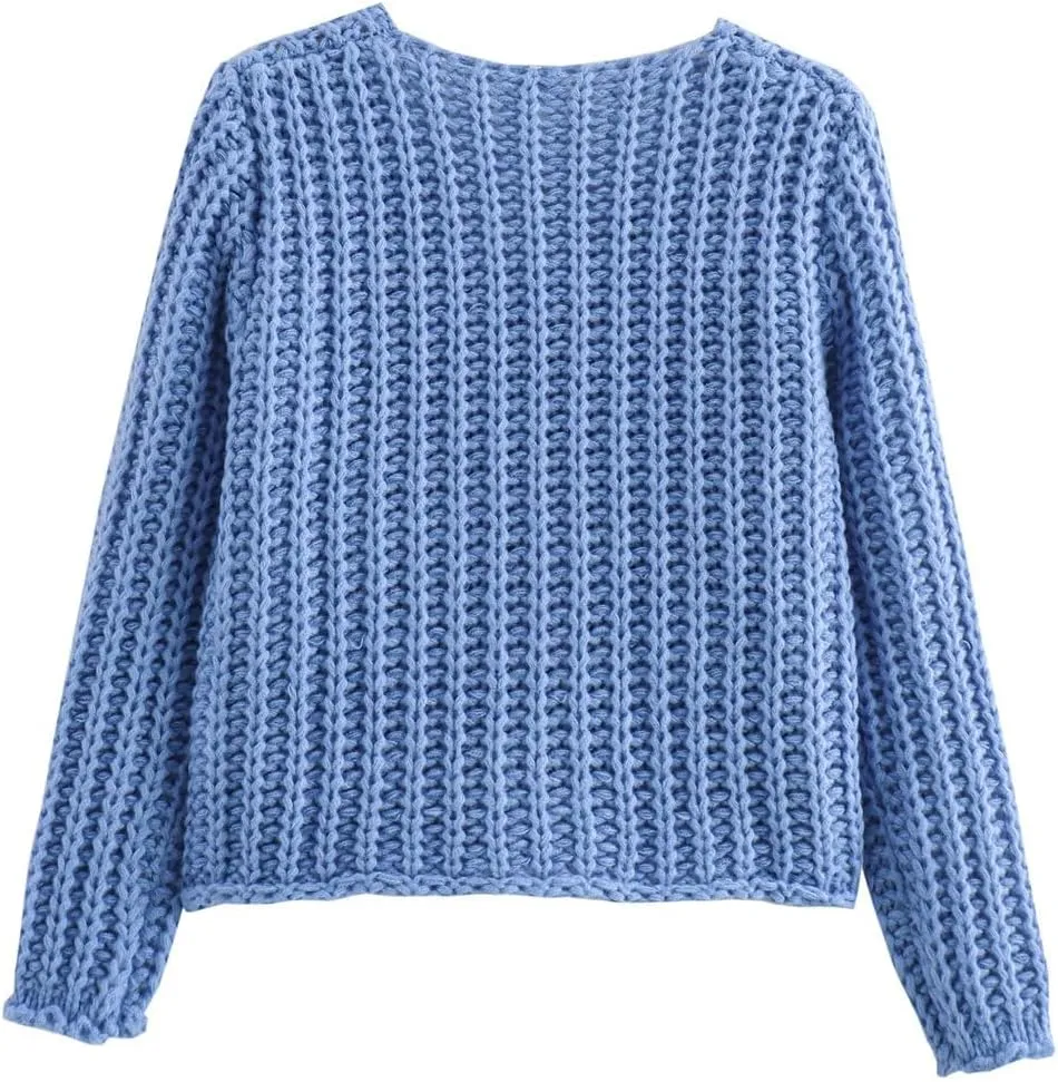 Womens Crochet Chunky Sweater Cropped Cable Knit Long Sleeve Cardigan Open Front Button Down Cardigan Sweaters