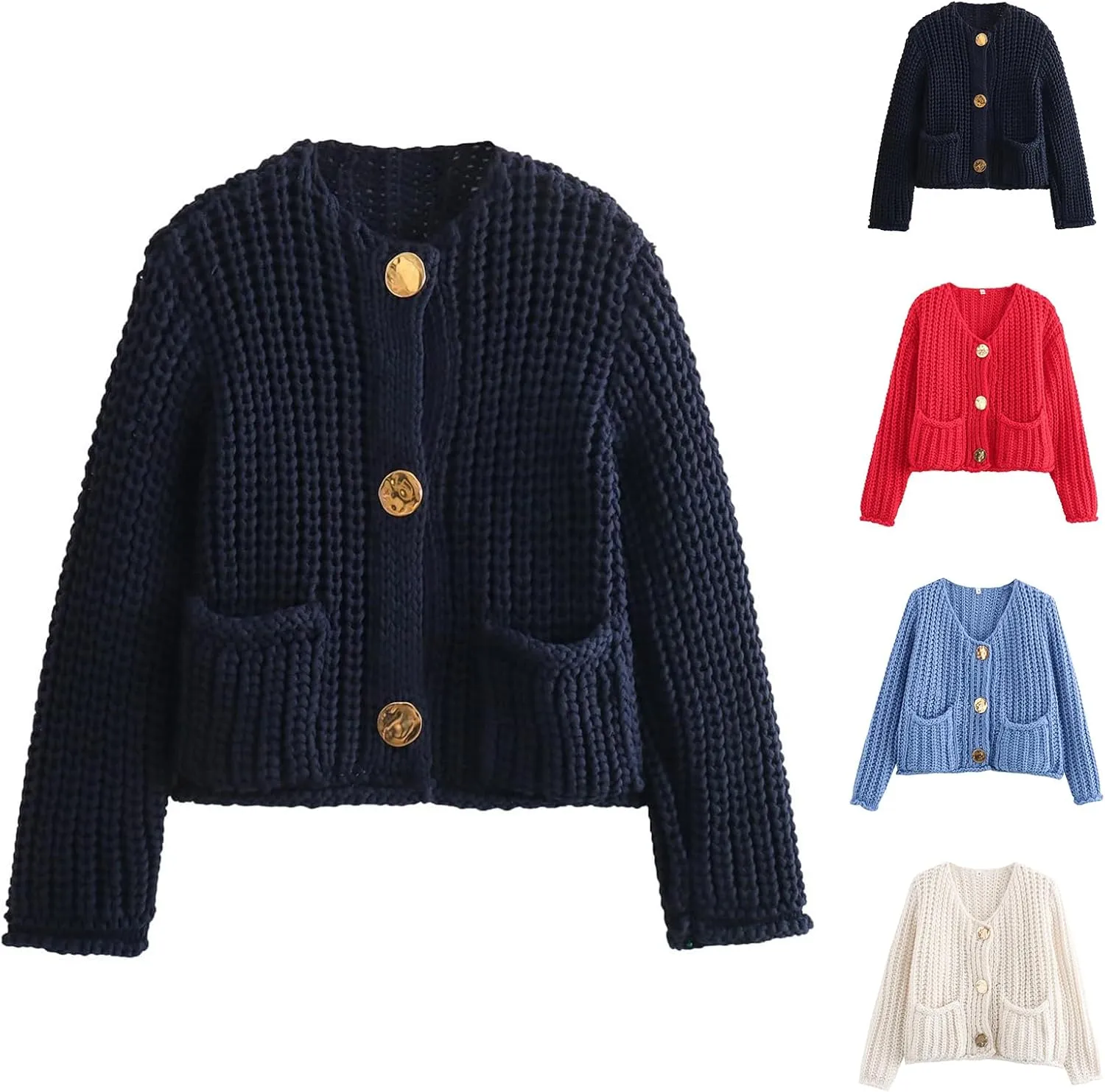 Womens Crochet Chunky Sweater Cropped Cable Knit Long Sleeve Cardigan Open Front Button Down Cardigan Sweaters
