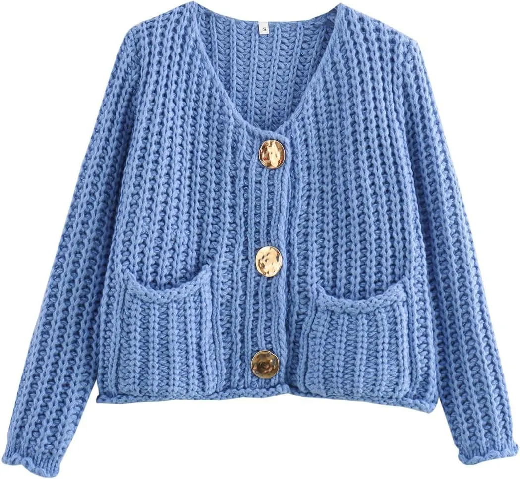 Womens Crochet Chunky Sweater Cropped Cable Knit Long Sleeve Cardigan Open Front Button Down Cardigan Sweaters