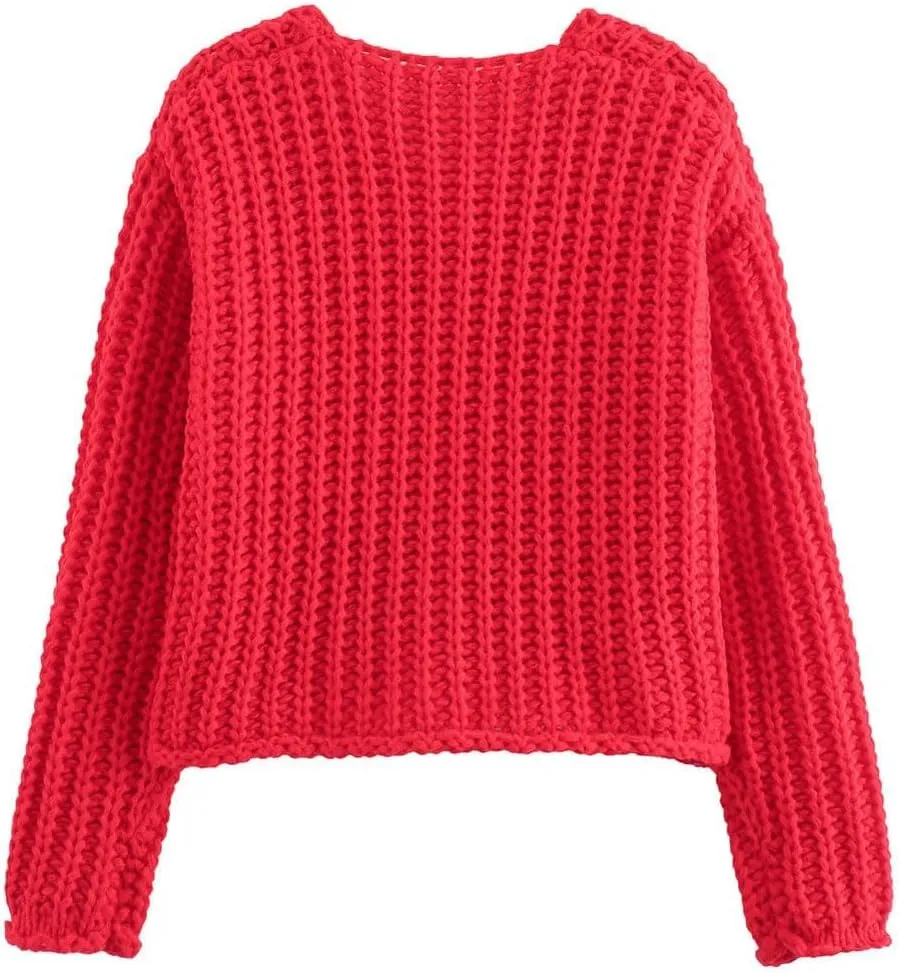 Womens Crochet Chunky Sweater Cropped Cable Knit Long Sleeve Cardigan Open Front Button Down Cardigan Sweaters