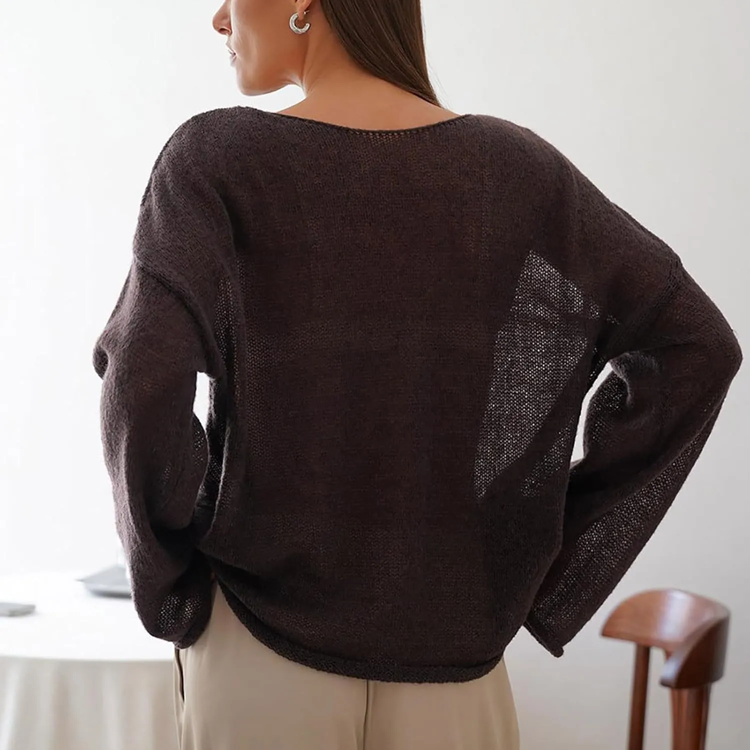 Women's Crochet Sweater Long Sleeve Hollow out Oversized Sweater Sheer Mesh Knit Sweater Lightweight Pullover Sweater