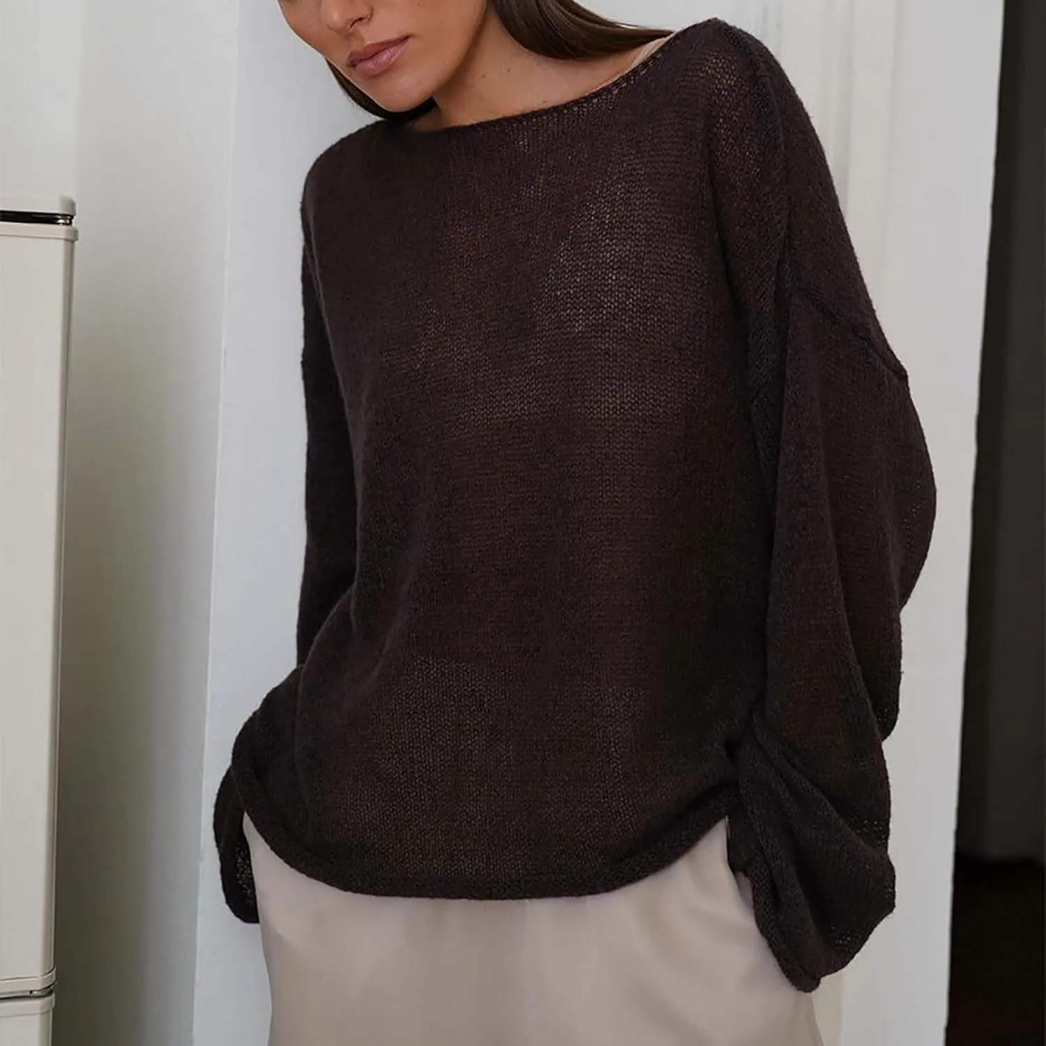 Women's Crochet Sweater Long Sleeve Hollow out Oversized Sweater Sheer Mesh Knit Sweater Lightweight Pullover Sweater