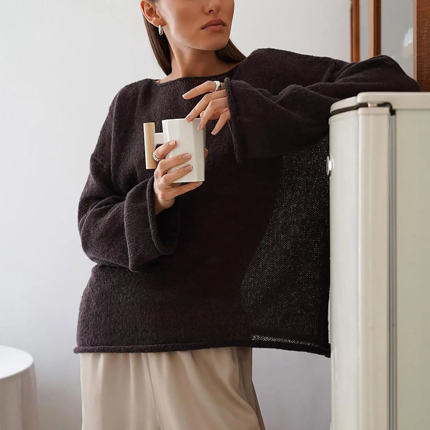 Women's Crochet Sweater Long Sleeve Hollow out Oversized Sweater Sheer Mesh Knit Sweater Lightweight Pullover Sweater