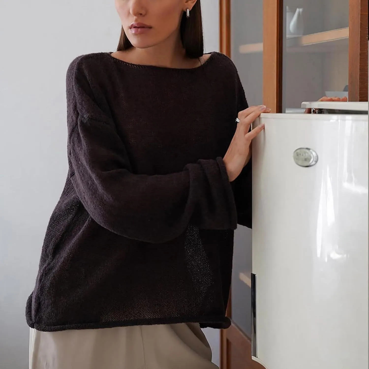 Women's Crochet Sweater Long Sleeve Hollow out Oversized Sweater Sheer Mesh Knit Sweater Lightweight Pullover Sweater