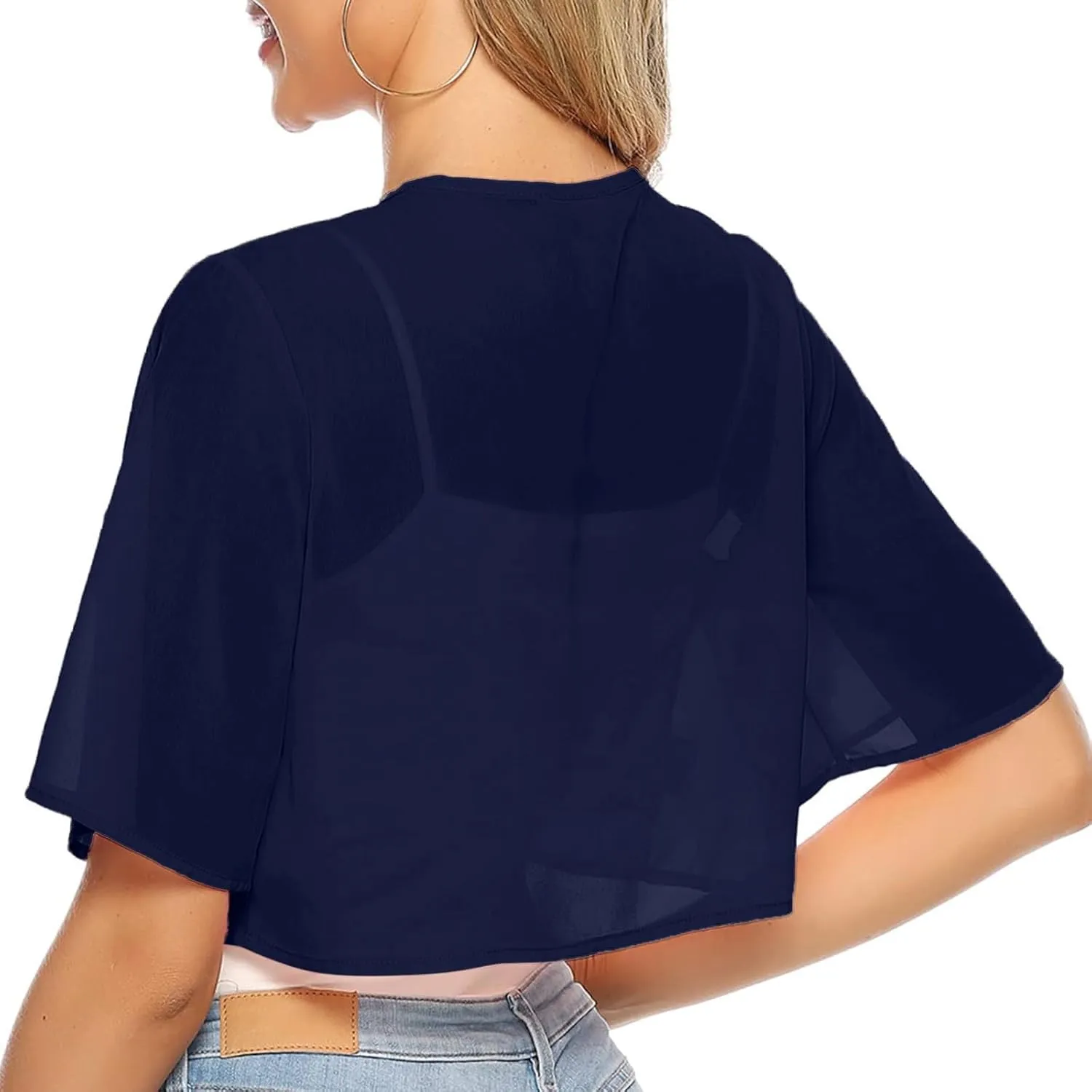 Womens Cropped Cardigan Short Sleeves Mesh Ruffled Lightweight Cardigans Casual Lounge Chiffon Spring Shawl Tops