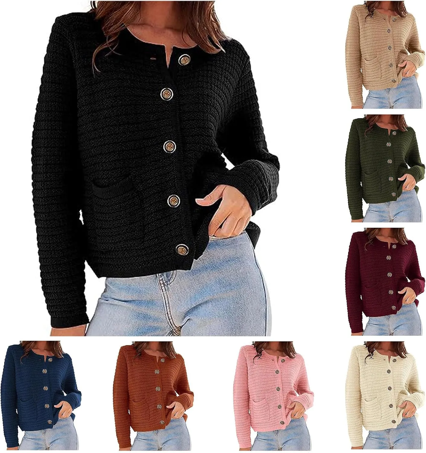 Womens Cropped Cardigan Sweaters Casual Open Front Button Down Knit Cardigans Lightweight Cable Jacket Coat Outwear