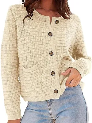 Womens Cropped Cardigan Sweaters Casual Open Front Button Down Knit Cardigans Lightweight Cable Jacket Coat Outwear