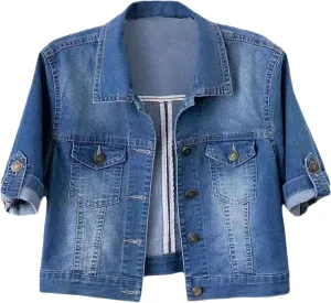 Women'S Cropped Denim Jackets Summer Trendy Lightweight Short Sleeve Classic Casual Jean Jackets