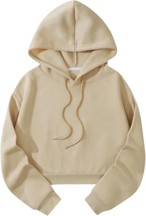 Womens Cropped Fashion Hoodies Long Sleeves Drawstring Sweatshirts 2024 Fall Fleece Solid Color Outfits Clothes