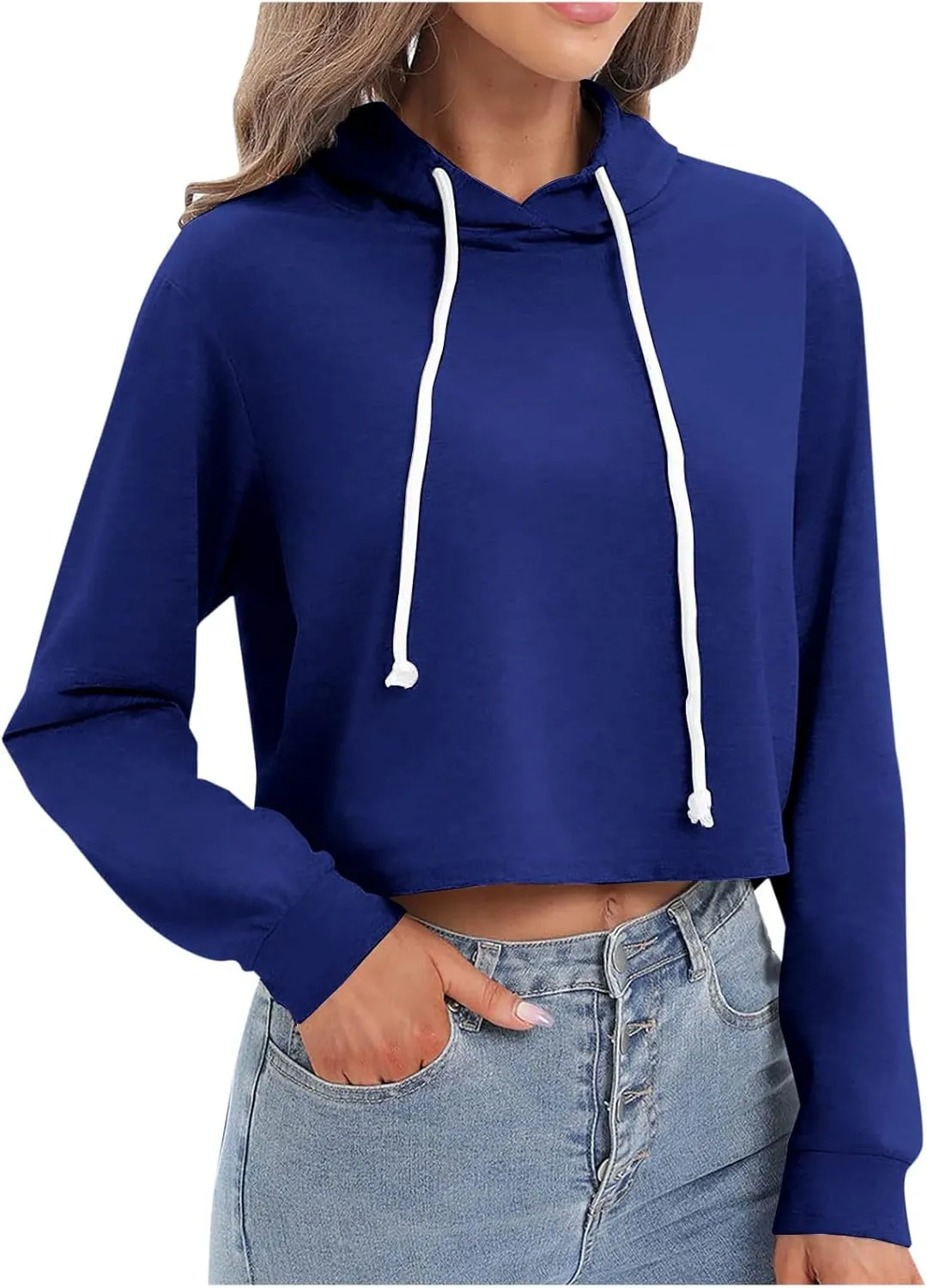 Women's Cropped Hoodies Casual Long Sleeve Drawstring Hooded Sweatshirt Y2K Crop Tops Hoodie for Teen Girls
