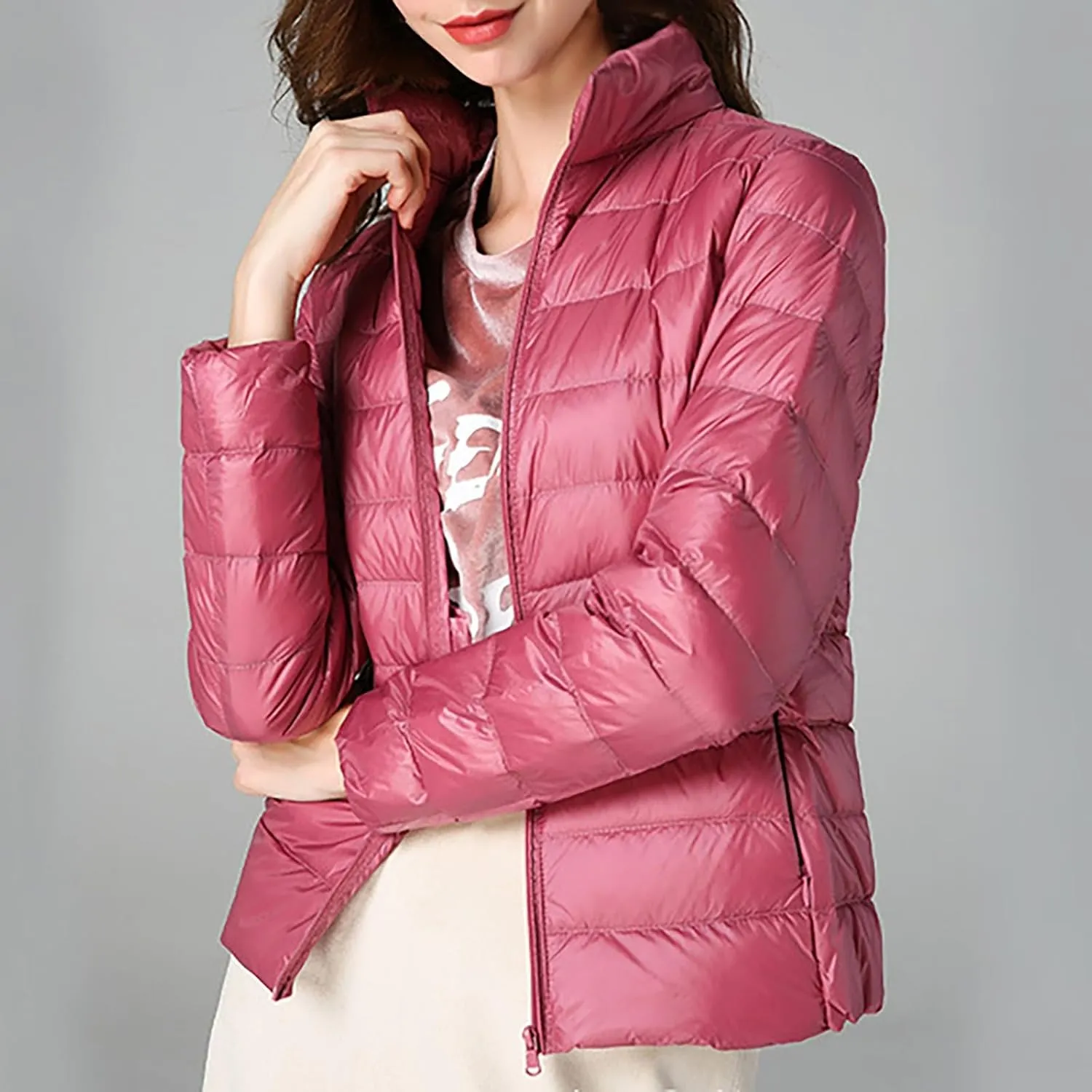 Womens Cropped Puffer Jacket Lightweight Packable Down Coat Casual Warm Zipper Long Sleeve Outwear 2024 Winter Coats