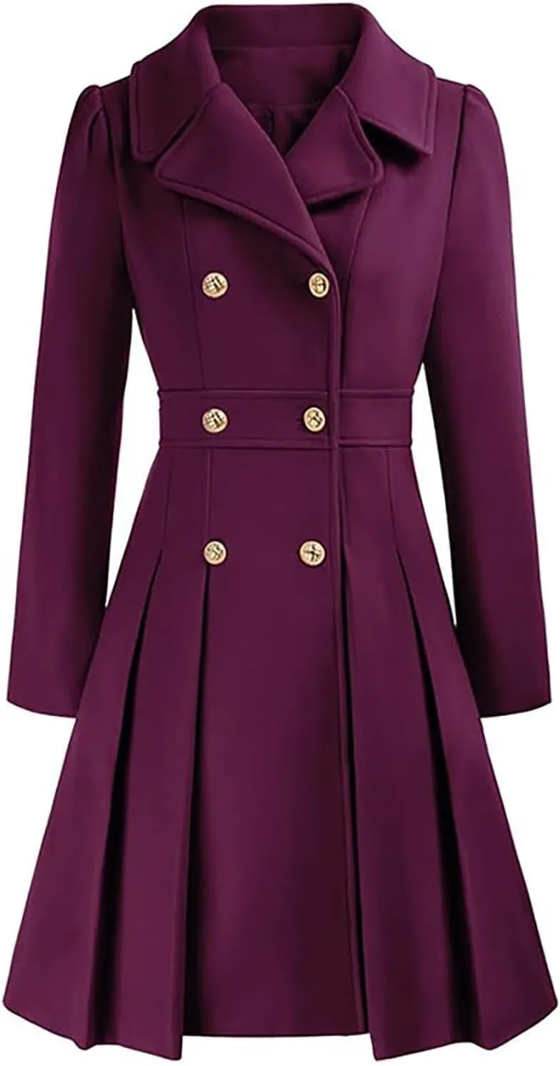 Womens Double Breasted Trench Coat Wool Blend Notch Lapel Pea Coat Elegant Long Coats Jacket Overcoat
