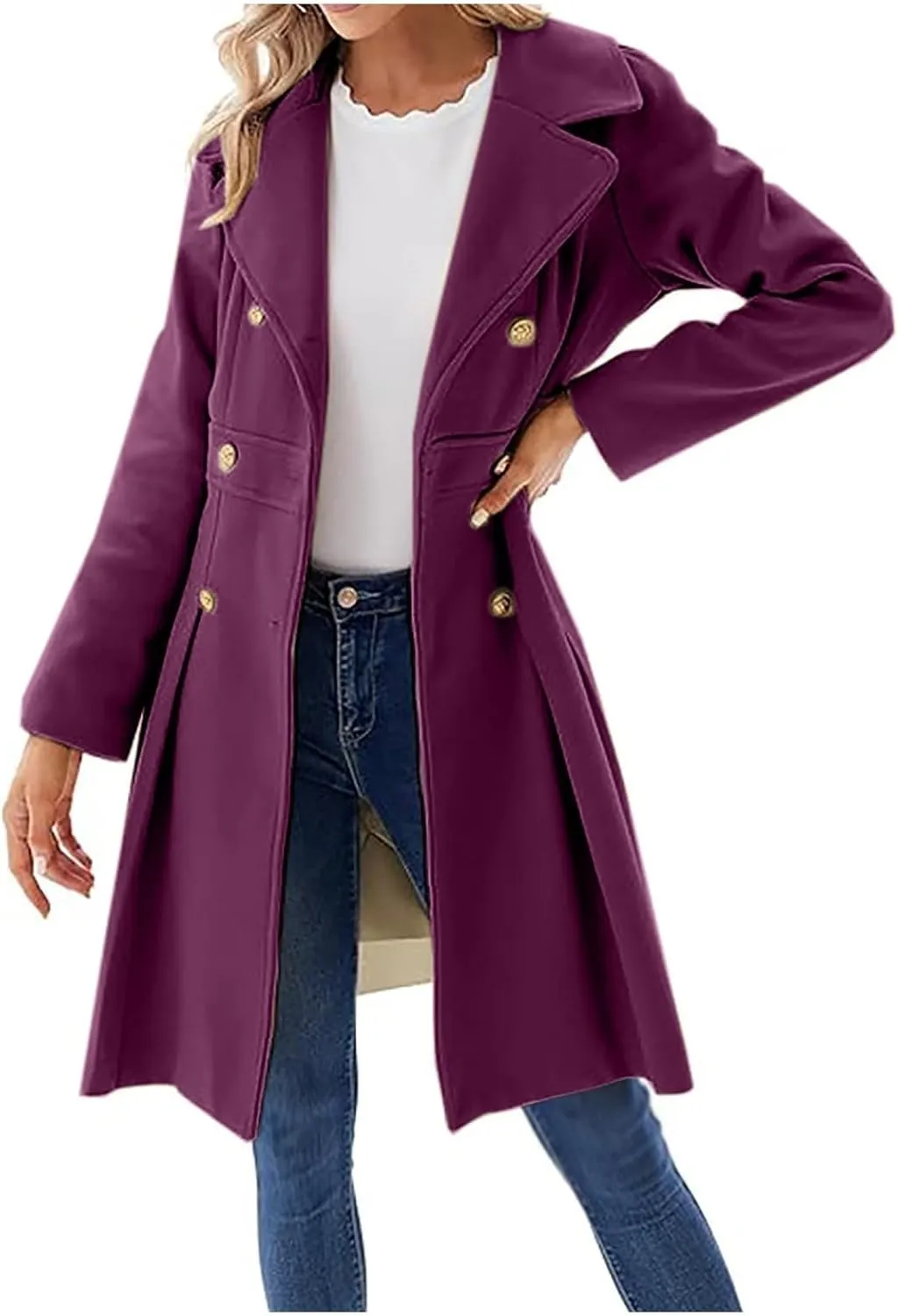 Womens Double Breasted Trench Coat Wool Blend Notch Lapel Pea Coat Elegant Long Coats Jacket Overcoat