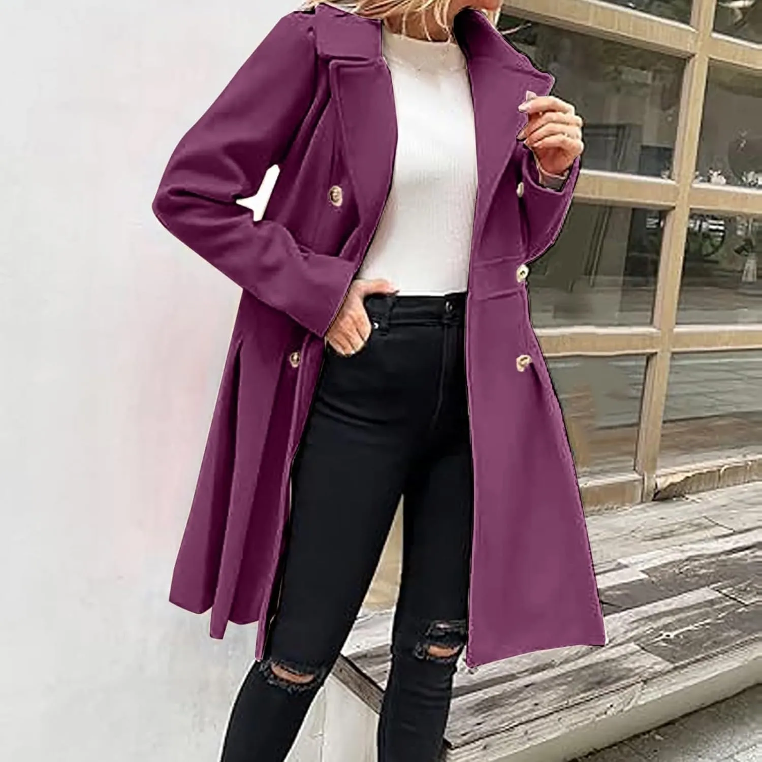 Womens Double Breasted Trench Coat Wool Blend Notch Lapel Pea Coat Elegant Long Coats Jacket Overcoat