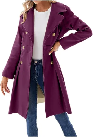 Womens Double Breasted Trench Coat Wool Blend Notch Lapel Pea Coat Elegant Long Coats Jacket Overcoat