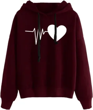 Womens Drawstring Hoodie Long Sleeve Heart Print Pullover Hooded Sweatshirt Fleece Lined Thicken Warm Fall Trendy Tops