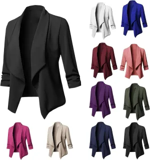 Womens Dressy Blazer Casual 3/4 Sleeve Open Front Cardigan Jacket Trendy Loose Pleated Solid Color Office Blazer
