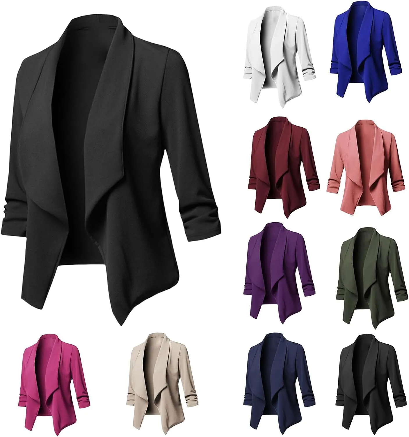 Womens Dressy Blazer Casual 3/4 Sleeve Open Front Cardigan Jacket Trendy Loose Pleated Solid Color Office Blazer