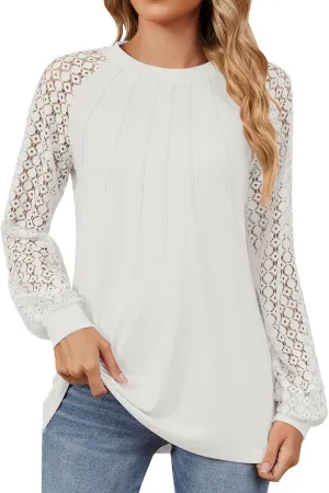 Women's Dressy Work Blouse Lace Embroidered Long Sleeve Pleated Crewneck Tunic Tops Daily Fashion Business Work Blouse