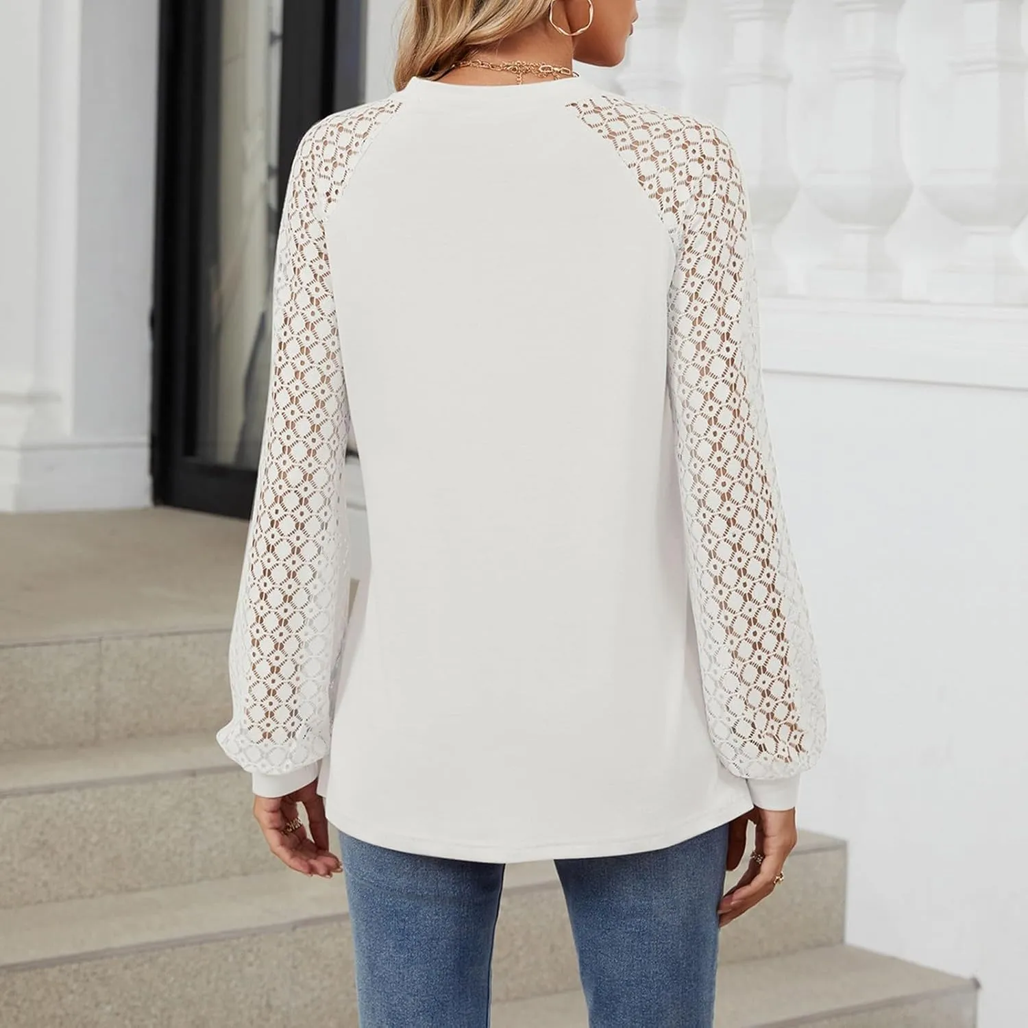 Women's Dressy Work Blouse Lace Embroidered Long Sleeve Pleated Crewneck Tunic Tops Daily Fashion Business Work Blouse