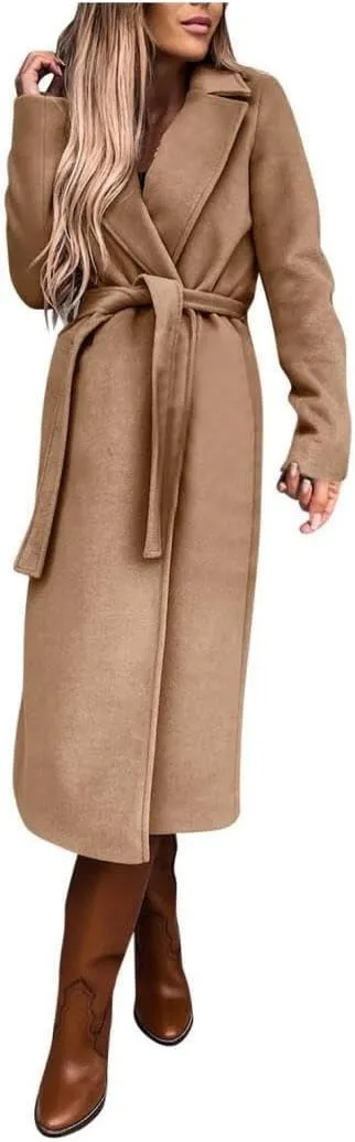 Women's Elegant Lapel Collar Regular Wool Blend Overcoat Coat Belt