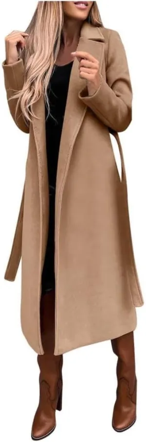 Women's Elegant Lapel Collar Regular Wool Blend Overcoat Coat Belt