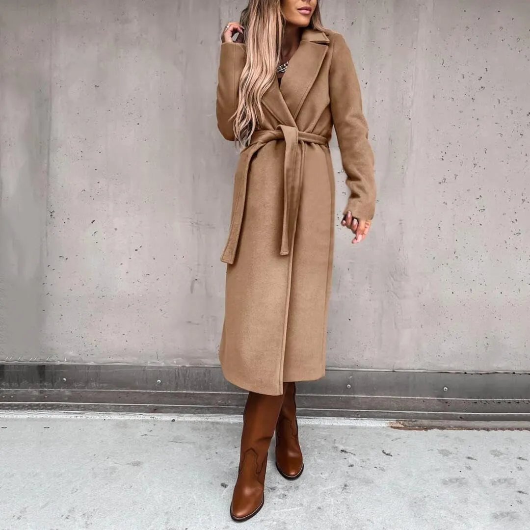 Women's Elegant Lapel Collar Regular Wool Blend Overcoat Coat Belt