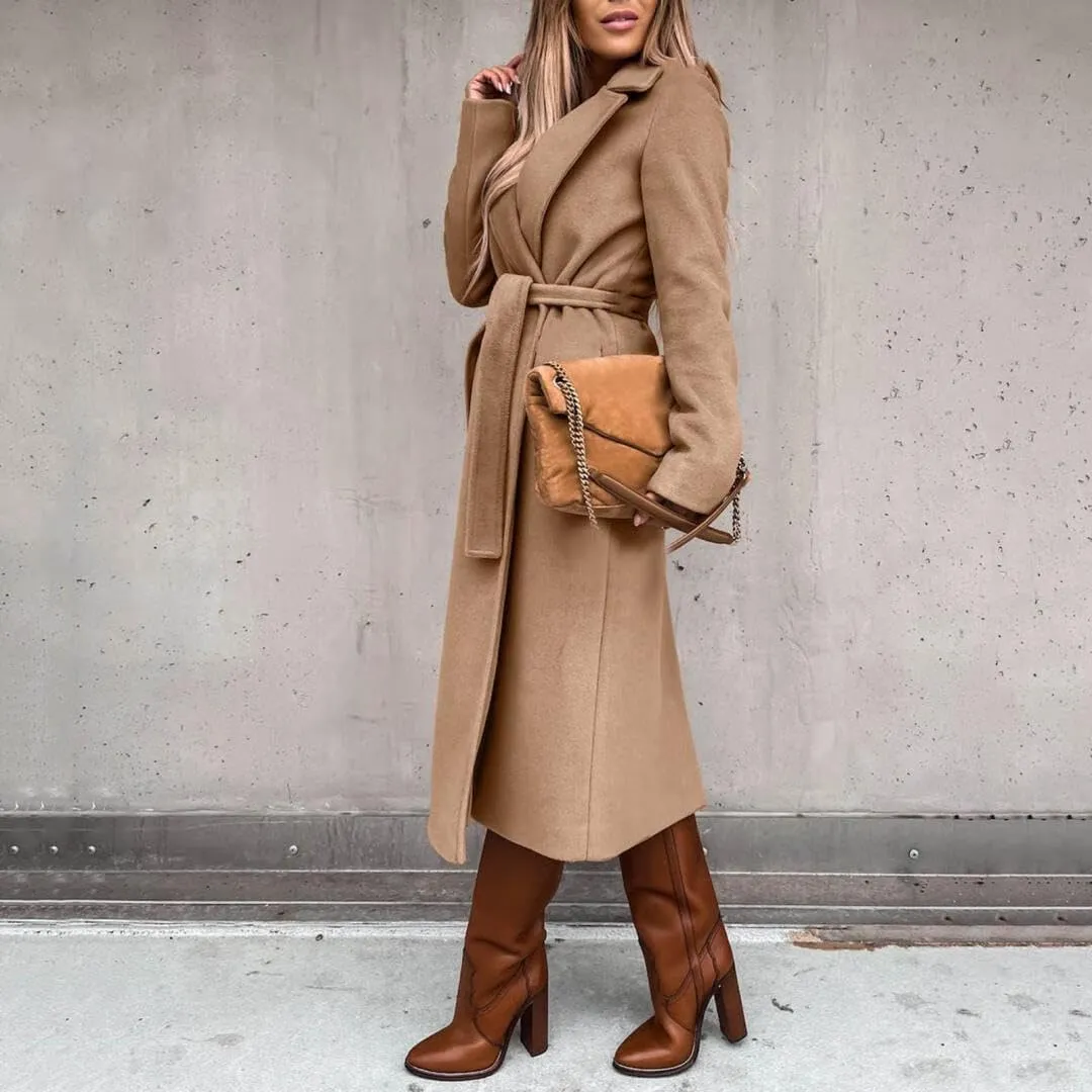 Women's Elegant Lapel Collar Regular Wool Blend Overcoat Coat Belt
