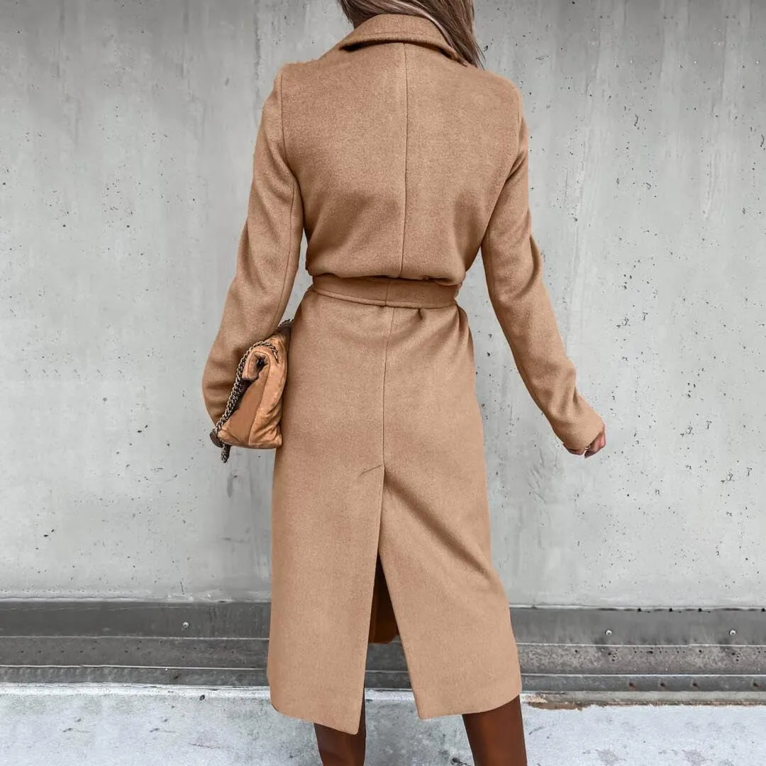 Women's Elegant Lapel Collar Regular Wool Blend Overcoat Coat Belt