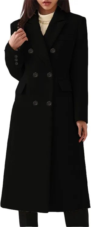 Womens Elegant Notched Collar Double Breasted Wool Blend Over Coat Jackets