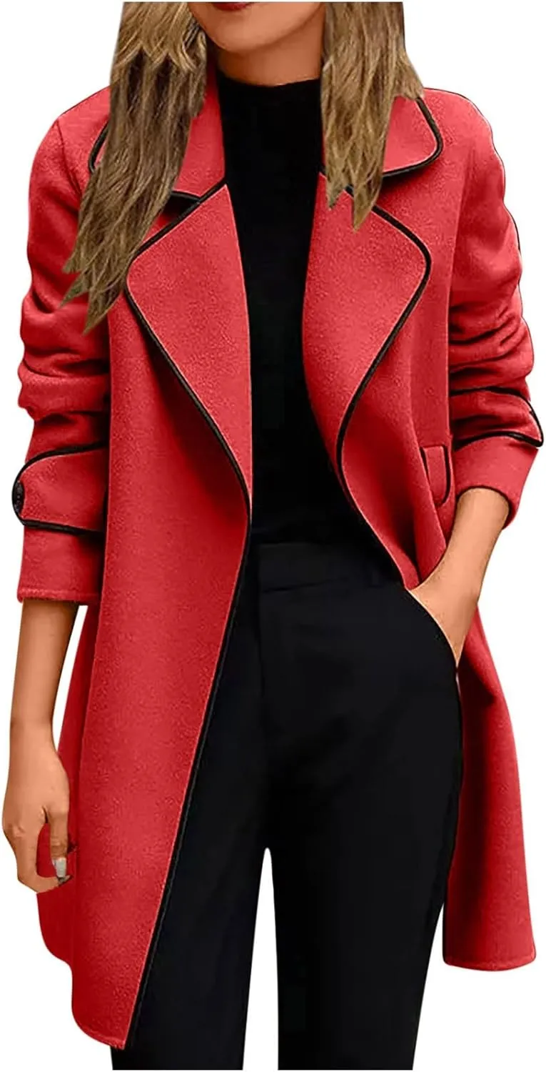 Women's Elegant Trench Coat Notched Collar Overcoat Wool Blend Pea Coats Long Sleeve Lapel Cardigans Classic Peacoat Red