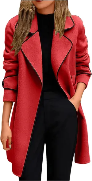 Women's Elegant Trench Coat Notched Collar Overcoat Wool Blend Pea Coats Long Sleeve Lapel Cardigans Classic Peacoat Red