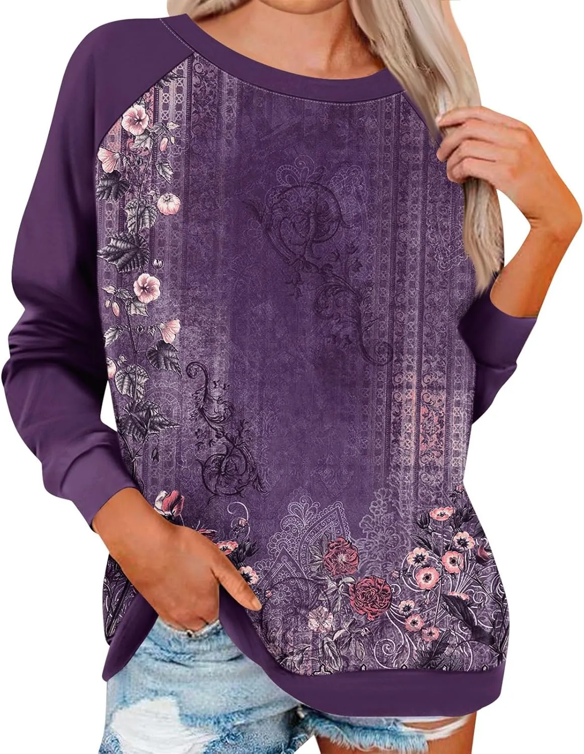 Womens Fall Fashion 2024 Long Sleeve Floral Print Cute Sweatshirts Crewneck Basics Plus Size Clothes Clothing