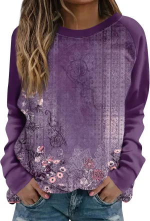 Womens Fall Fashion 2024 Long Sleeve Floral Print Cute Sweatshirts Crewneck Basics Plus Size Clothes Clothing
