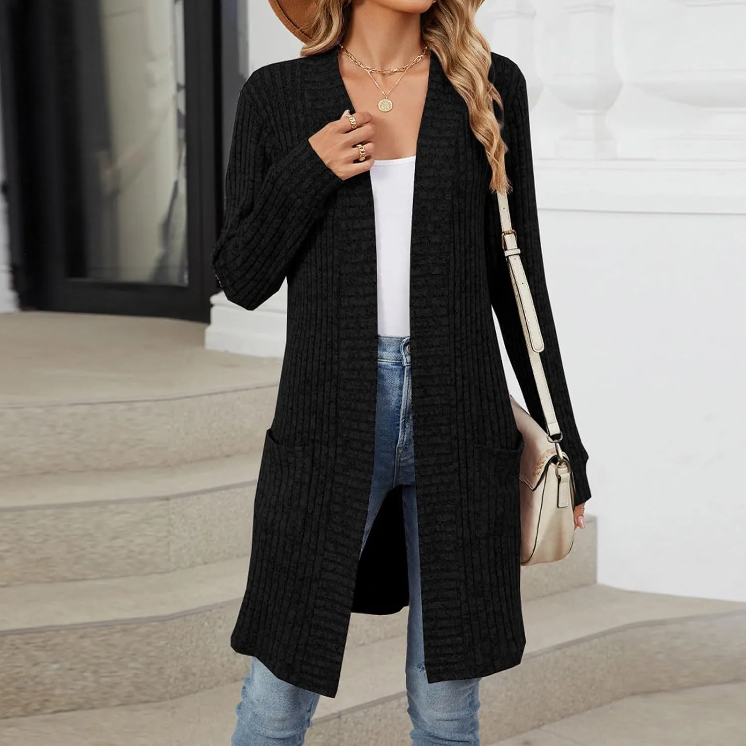 Womens Fall Long Cardigan Lightweight Soft Ribbed Knit Open Front Cardigan Sweaters Long Sleeve Coat Outwear